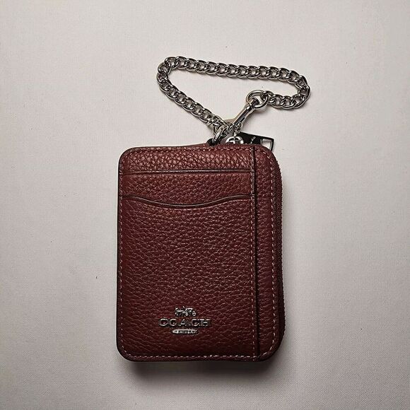 COACH 6303 Zip Card Case ID Wallet Refined Pebble Leather Silver/Wine - Picture 1 of 4